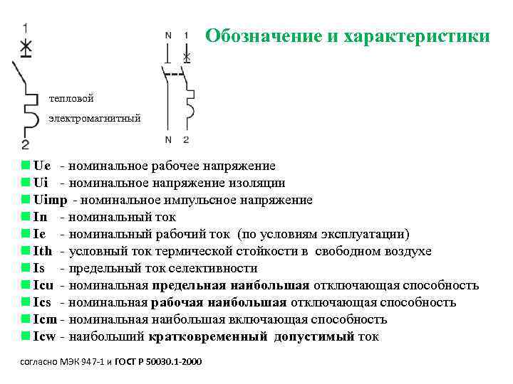 Обозначение и характеристики тепловой электромагнитный n Ue - номинальное рабочее напряжение n Ui -