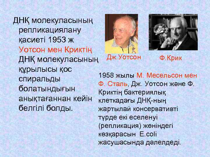 ДНҚ молекуласының репликациялану қасиеті 1953 ж Уотсон мен Криктің Ф. Крик ДНҚ молекуласының Дж.