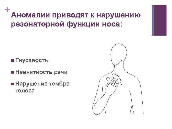 + Аномалии приводят к нарушению резонаторной функции носа: n Гнусавость n Невнятность n Нарушение