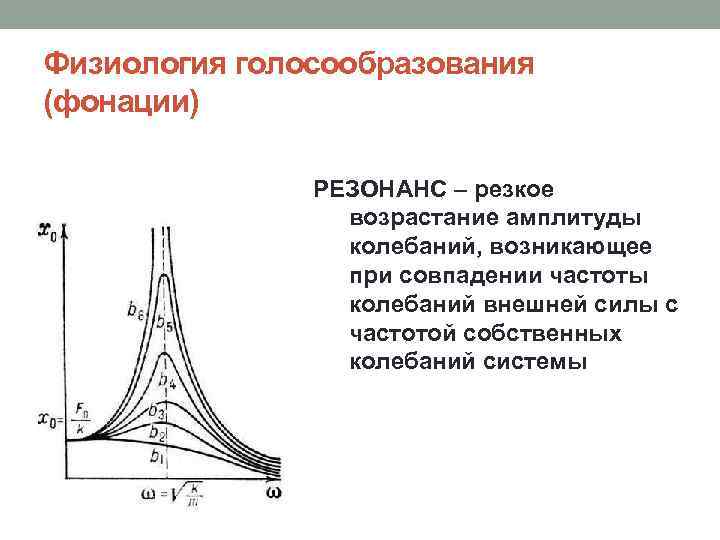 Физиология голосообразования (фонации) РЕЗОНАНС – резкое возрастание амплитуды колебаний, возникающее при совпадении частоты колебаний