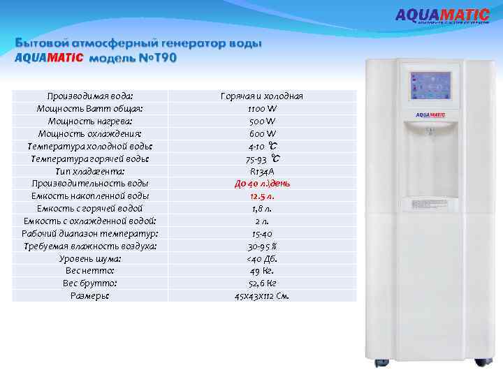 Производимая вода: Мощность Ватт общая: Мощность нагрева: Мощность охлаждения: Температура холодной воды: Температура горячей