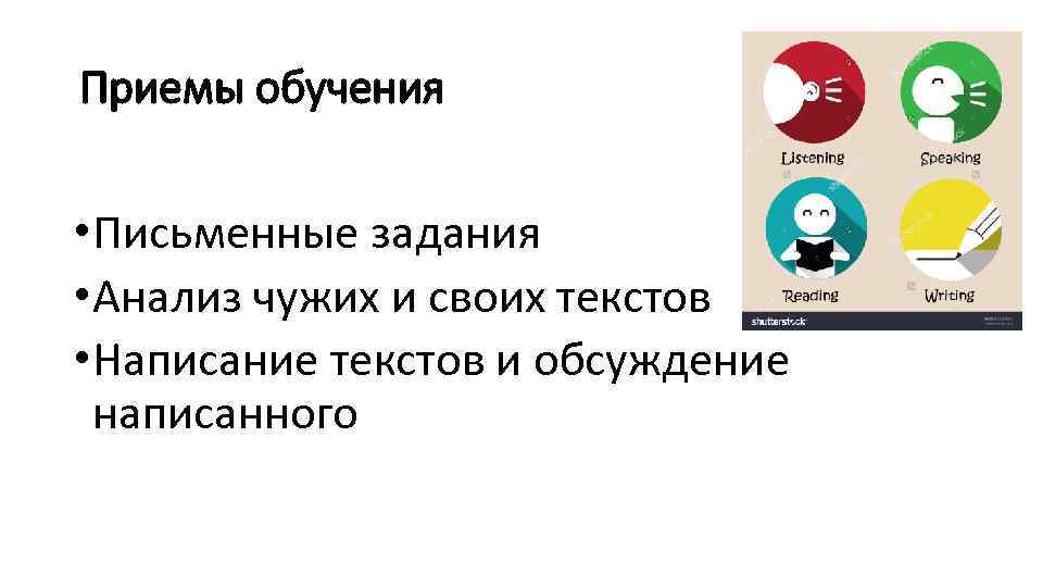 Приемы обучения • Письменные задания • Анализ чужих и своих текстов • Написание текстов