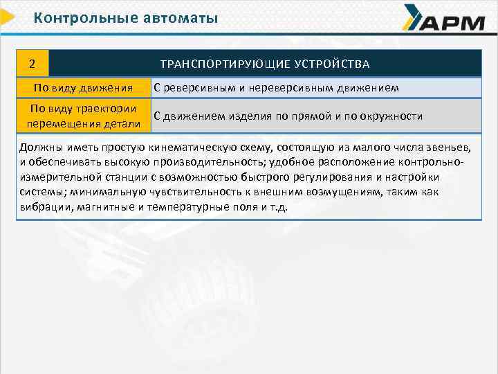 Контрольные автоматы 2 По виду движения По виду траектории перемещения детали ТРАНСПОРТИРУЮЩИЕ УСТРОЙСТВА С