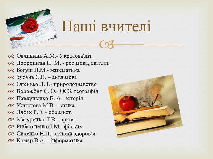 Наші вчителі Овчинник А. М. - Укр. моваліт. Доброштан Н. М. - рос. мова,