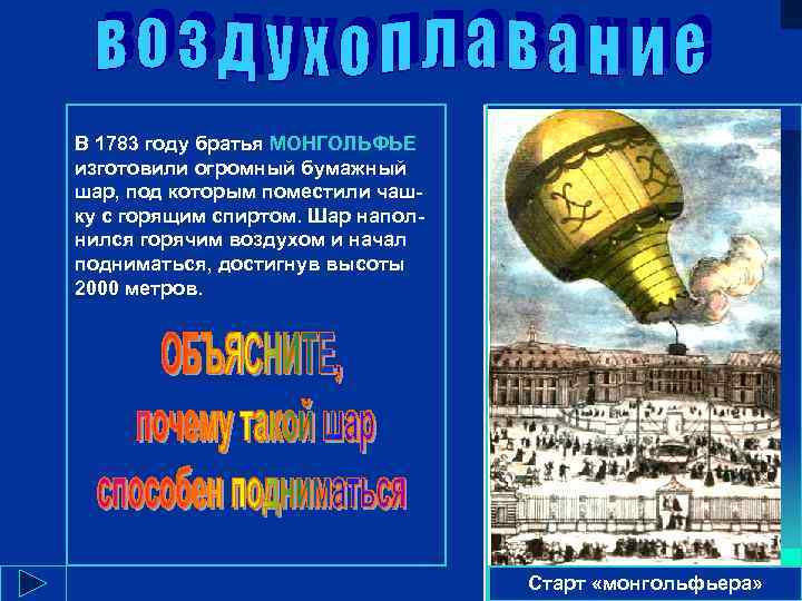 В 1783 году братья МОНГОЛЬФЬЕ изготовили огромный бумажный шар, под которым поместили чашку с