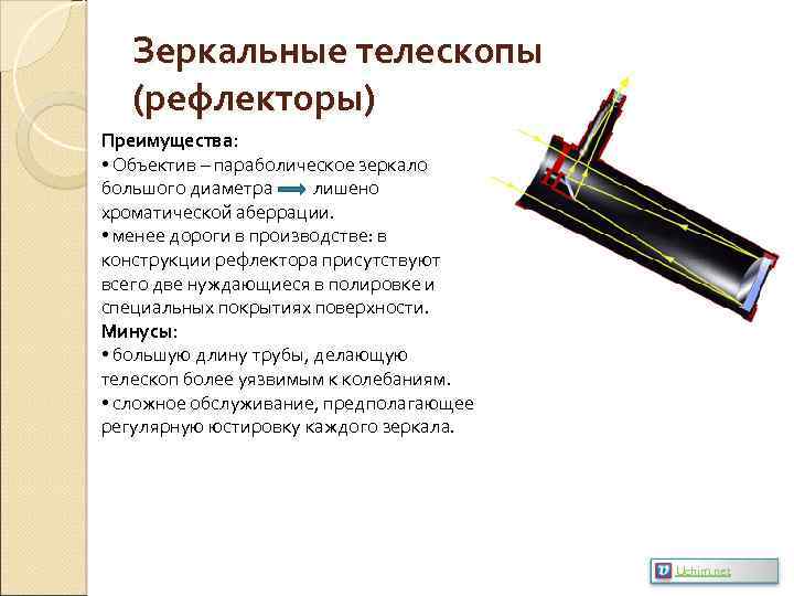 Зеркальные телескопы (рефлекторы) Преимущества: • Объектив – параболическое зеркало большого диаметра лишено хроматической аберрации.