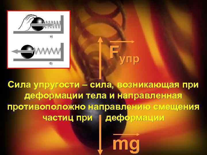 Fупр Сила упругости – сила, возникающая при деформации тела и направленная противоположно направлению смещения