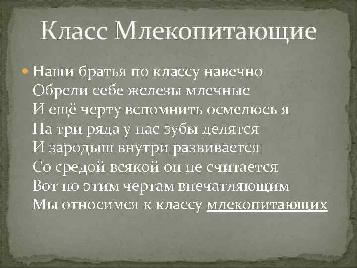 Класс Млекопитающие Наши братья по классу навечно Обрели себе железы млечные И ещё черту