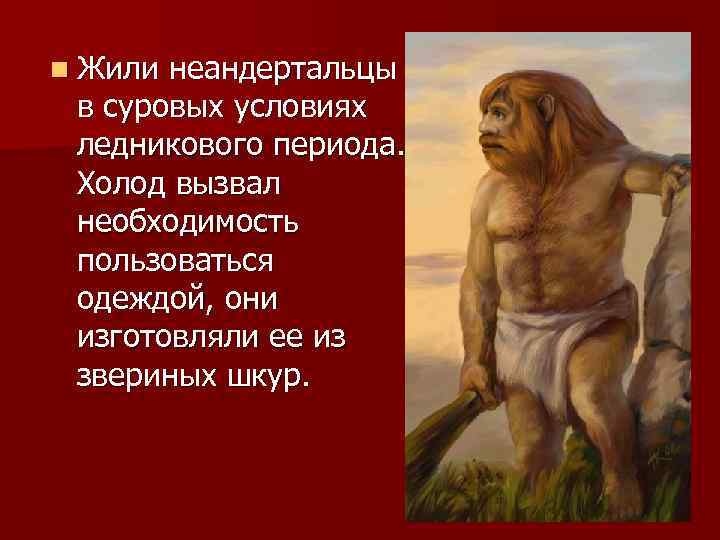 n Жили неандертальцы в суровых условиях ледникового периода. Холод вызвал необходимость пользоваться одеждой, они