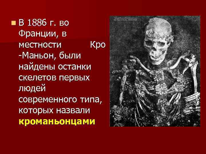 n. В 1886 г. во Франции, в местности Кро -Маньон, были найдены останки скелетов