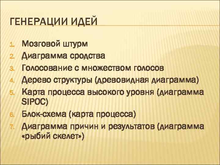 ГЕНЕРАЦИИ ИДЕЙ 1. 2. 3. 4. 5. 6. 7. Мозговой штурм Диаграмма сродства Голосование