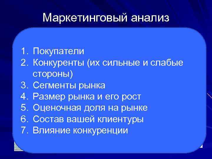 Маркетинговый анализ 1. Покупатели 2. Конкуренты (их сильные и слабые стороны) 3. Сегменты рынка