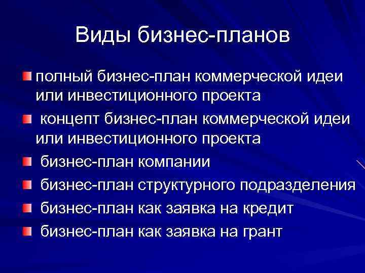 Виды бизнес-планов полный бизнес-план коммерческой идеи или инвестиционного проекта концепт бизнес-план коммерческой идеи или