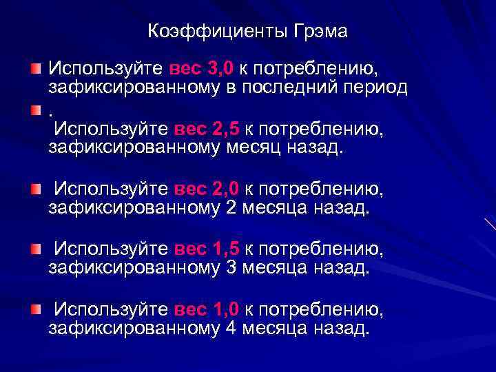 Коэффициенты Грэма Используйте вес 3, 0 к потреблению, зафиксированному в последний период. Используйте вес