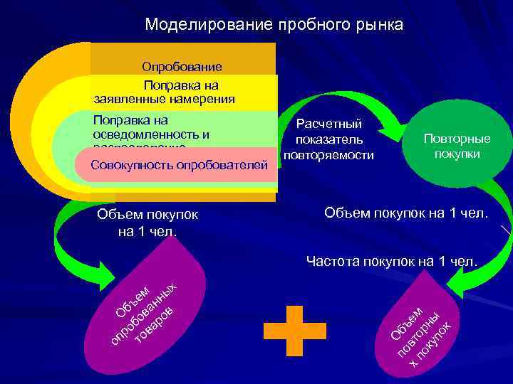 Моделирование пробного рынка Опробование Поправка на заявленные намерения Поправка на осведомленность и распределение Совокупность