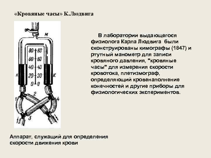  «Кровяные часы» К. Людвига В лаборатории выдающегося физиолога Карла Людвига были сконструированы кимографы