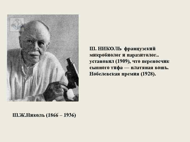Ш. НИКОЛЬ французский микробиолог и паразитолог. . установил (1909), что переносчик сыпного тифа —