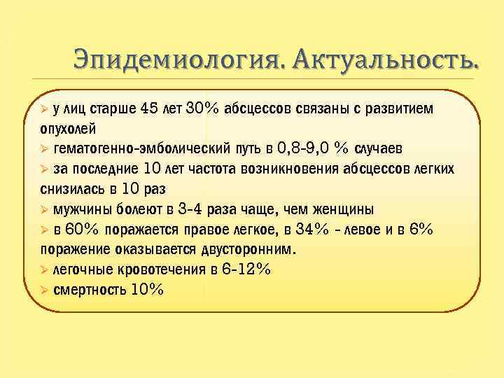 Эпидемиология. Актуальность. у лиц старше 45 лет 30% абсцессов связаны с развитием опухолей Ø