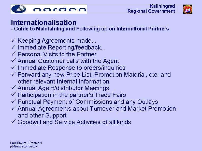 Kaliningrad Regional Government Internationalisation - Guide to Maintaining and Following up on International Partners