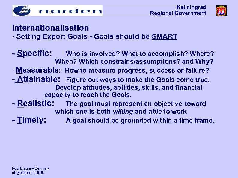 Kaliningrad Regional Government Internationalisation - Setting Export Goals - Goals should be SMART -