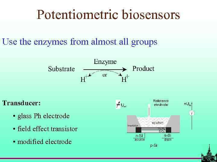 Potentiometric biosensors Use the enzymes from almost all groups Transducer: • glass Ph electrode