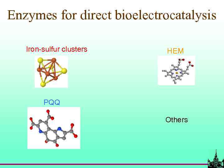 Enzymes for direct bioelectrocatalysis Iron-sulfur clusters HEM PQQ Others 