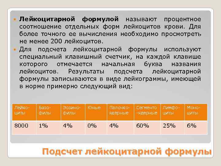 Лейкоцитарной формулой называют процентное соотношение отдельных форм лейкоцитов крови. Для более точного ее вычисления