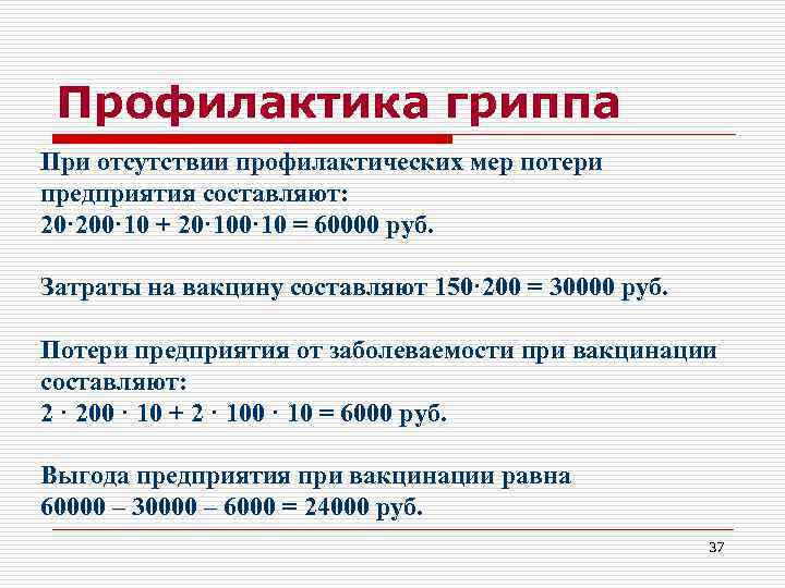 Профилактика гриппа При отсутствии профилактических мер потери предприятия составляют: 20· 200· 10 + 20·