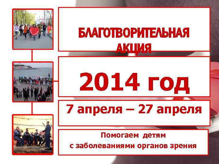 БЛАГОТВОРИТЕЛЬНАЯ АКЦИЯ «СЕРДЦЕ К СЕРДЦУ» 2014 год 7 апреля – 27 апреля Помогаем детям