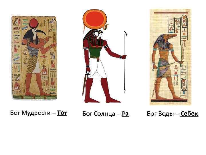 Бог Мудрости – Тот Бог Солнца – Ра Бог Воды – Себек 