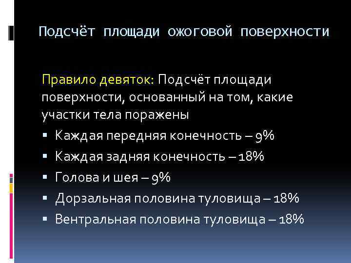 Подсчёт площади ожоговой поверхности Правило девяток: Подсчёт площади поверхности, основанный на том, какие участки