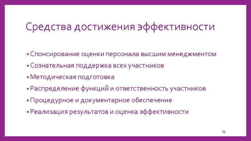 Средства достижения эффективности • Спонсирование оценки персонала высшим менеджментом • Сознательная поддержка всех участников