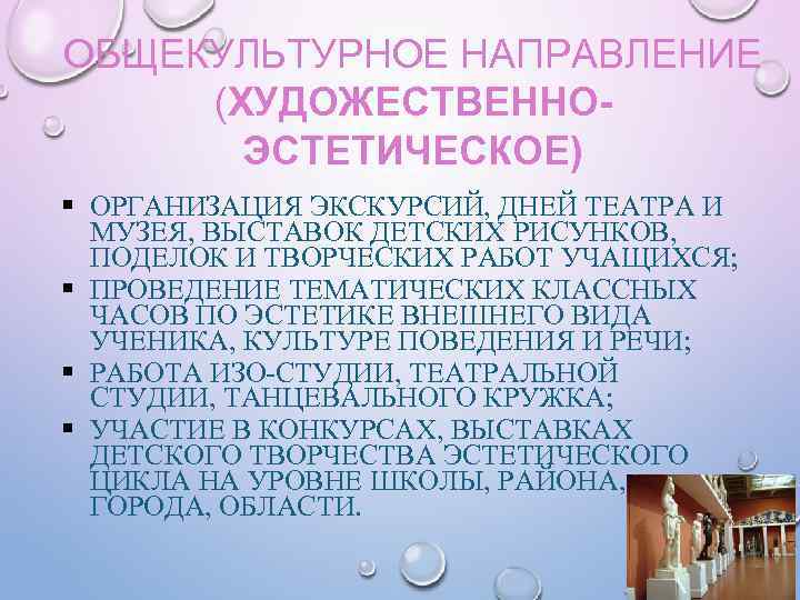 ОБЩЕКУЛЬТУРНОЕ НАПРАВЛЕНИЕ (ХУДОЖЕСТВЕННОЭСТЕТИЧЕСКОЕ) ОРГАНИЗАЦИЯ ЭКСКУРСИЙ, ДНЕЙ ТЕАТРА И МУЗЕЯ, ВЫСТАВОК ДЕТСКИХ РИСУНКОВ, ПОДЕЛОК И
