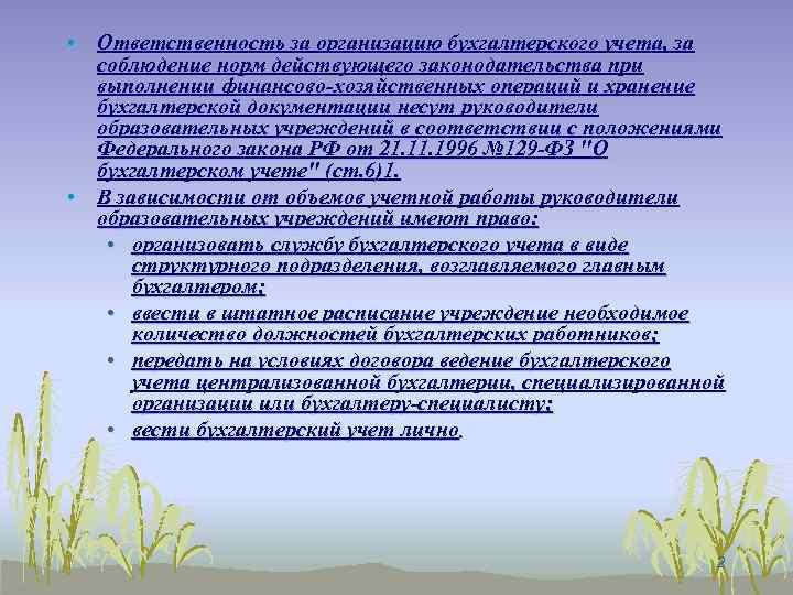  • Ответственность за организацию бухгалтерского учета, за соблюдение норм действующего законодательства при выполнении