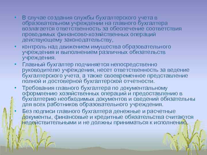  • В случае создания службы бухгалтерского учета в образовательном учреждении на главного бухгалтера