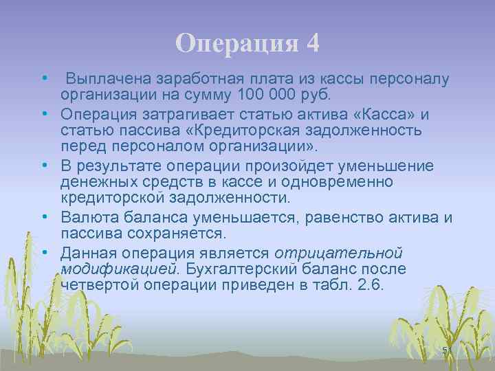 Операция 4 • • • Выплачена заработная плата из кассы персоналу организации на сумму