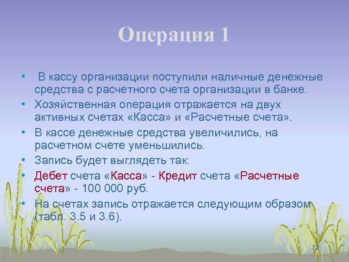 Операция 1 • В кассу организации поступили наличные денежные средства с расчетного счета организации