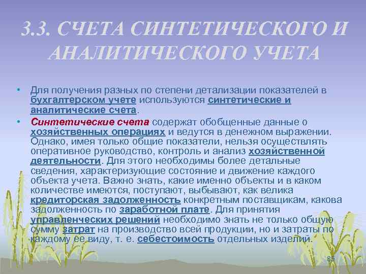 3. 3. СЧЕТА СИНТЕТИЧЕСКОГО И АНАЛИТИЧЕСКОГО УЧЕТА • Для получения разных по степени детализации