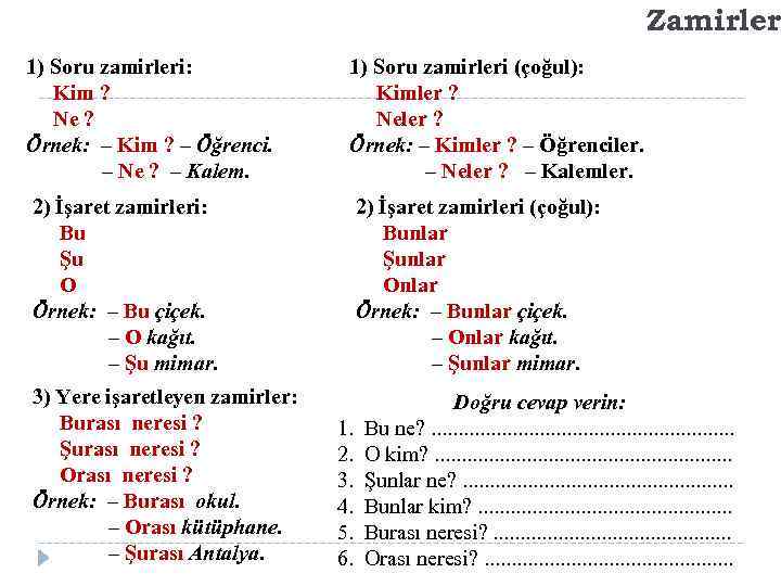 Zamirler 1) Soru zamirleri: Kim ? Ne ? Örnek: – Kim ? – Öğrenci.