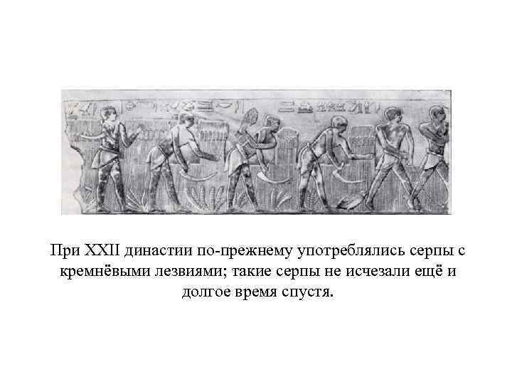 При XXII династии по-прежнему употреблялись серпы с кремнёвыми лезвиями; такие серпы не исчезали ещё