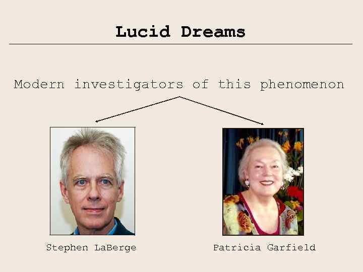 Lucid Dreams Modern investigators of this phenomenon Stephen La. Berge Patricia Garfield 