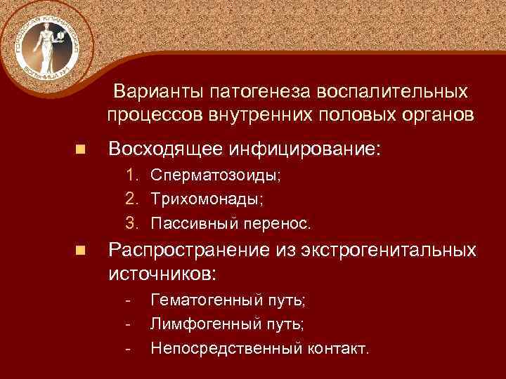 Варианты патогенеза воспалительных процессов внутренних половых органов n Восходящее инфицирование: 1. 2. 3. n