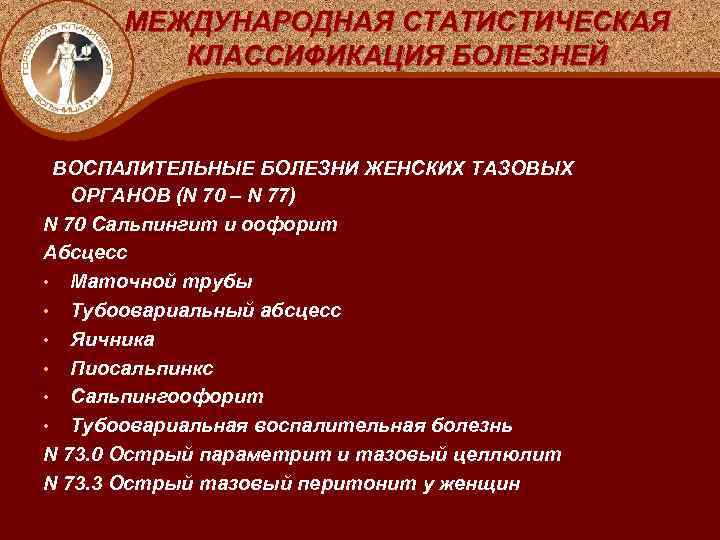 МЕЖДУНАРОДНАЯ СТАТИСТИЧЕСКАЯ КЛАССИФИКАЦИЯ БОЛЕЗНЕЙ ВОСПАЛИТЕЛЬНЫЕ БОЛЕЗНИ ЖЕНСКИХ ТАЗОВЫХ ОРГАНОВ (N 70 – N 77)