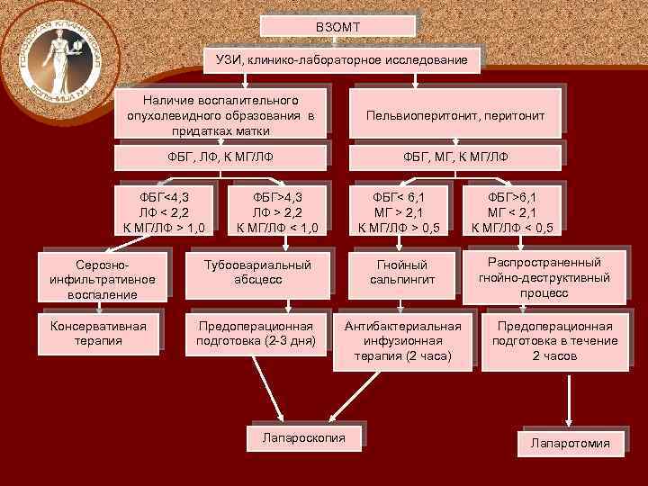 ВЗОМТ УЗИ, клинико-лабораторное исследование Наличие воспалительного опухолевидного образования в придатках матки Пельвиоперитонит, перитонит ФБГ,