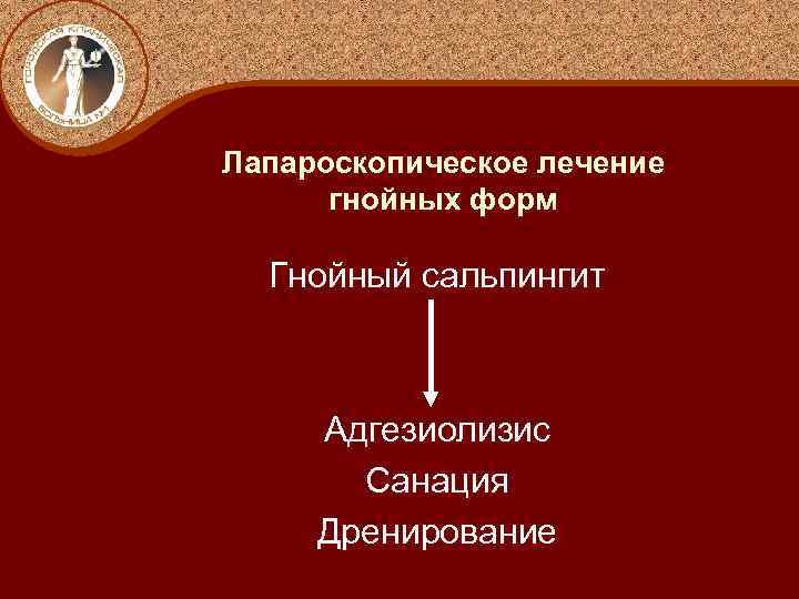 Лапароскопическое лечение гнойных форм Гнойный сальпингит Адгезиолизис Санация Дренирование 