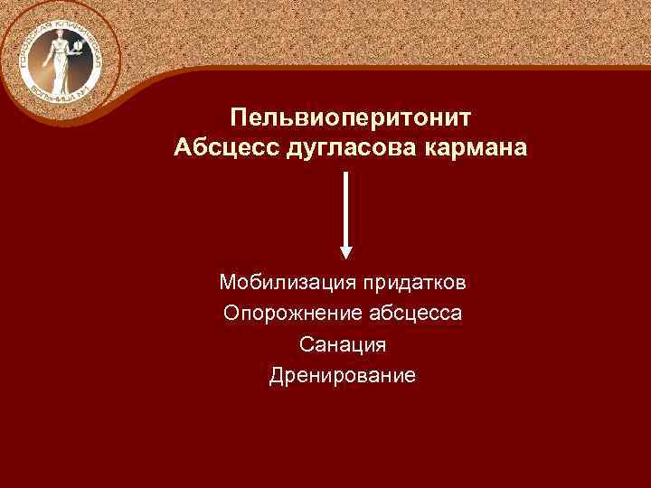 Пельвиоперитонит Абсцесс дугласова кармана Мобилизация придатков Опорожнение абсцесса Санация Дренирование 