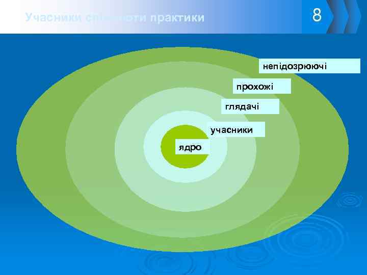 8 Учасники спільноти практики непідозрюючі прохожі глядачі учасники ядро 