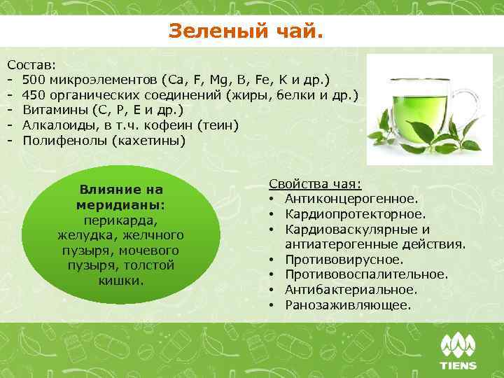 Зеленый чай. Состав: - 500 микроэлементов (Са, F, Mg, B, Fe, K и др.