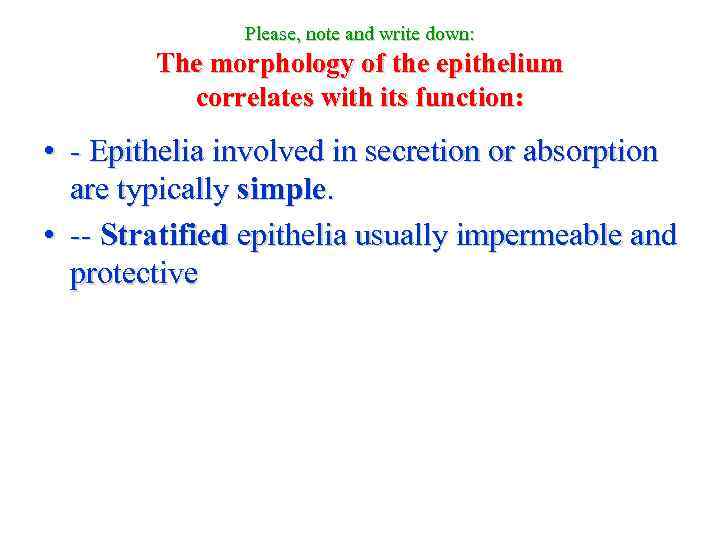 Please, note and write down: The morphology of the epithelium correlates with its function: