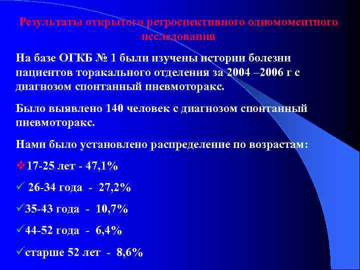 Результаты открытого ретроспективного одномоментного исследования На базе ОГКБ № 1 были изучены истории болезни